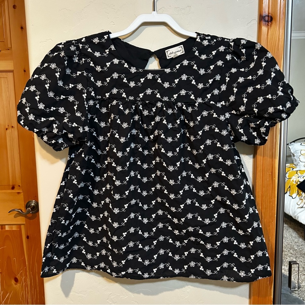 100% Cotton Charming Black and White Floral Blouse